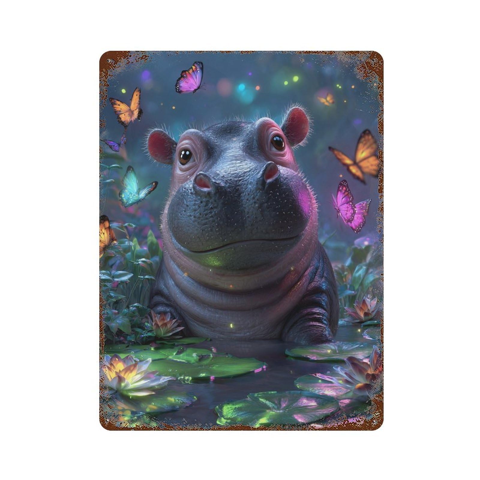 Garage Style Magical Hippo Pond with Butterflies Distressed Metal Wall Sign 15.7"x11.8", Shabby Chic Decor for Bar And Workshop