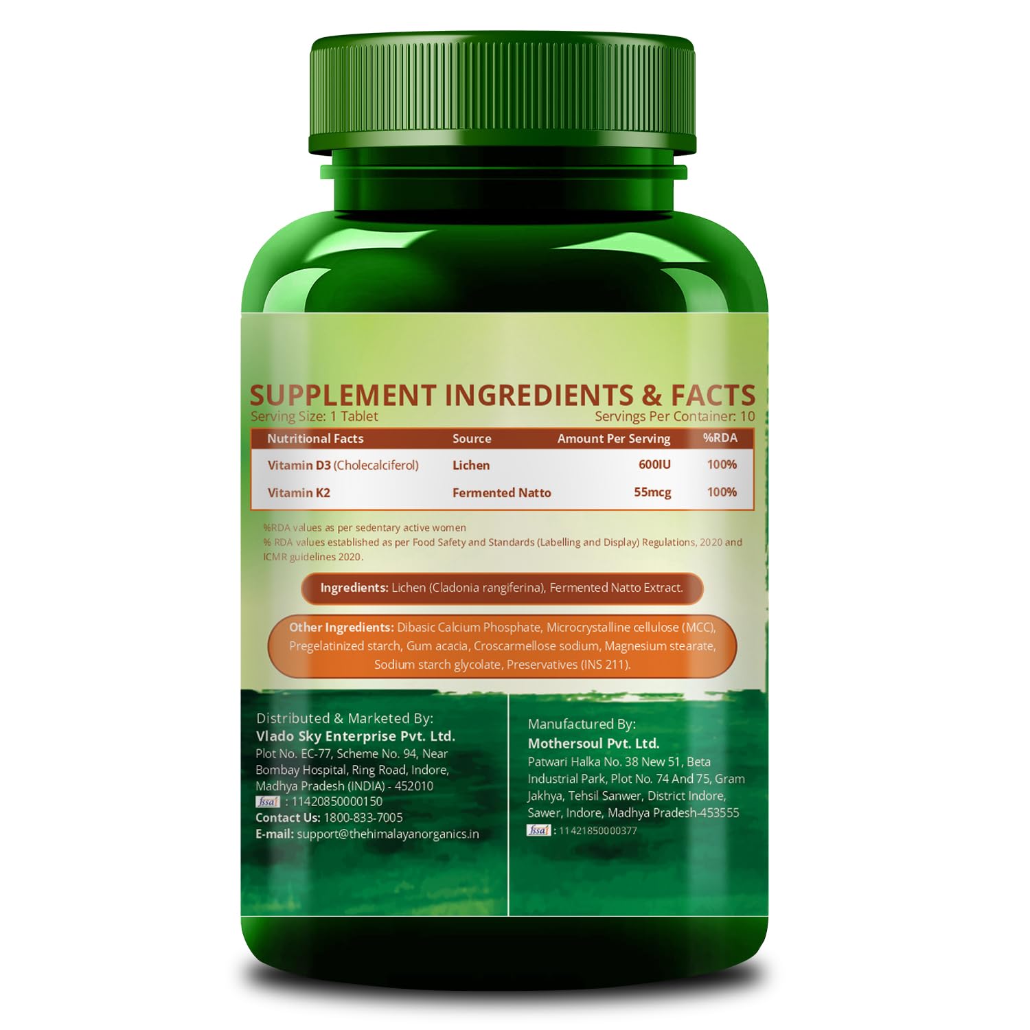Vlado’s Himalayan Organics Vitamin D3 600 IU + K2 as MK7 Supplement | Supports Stronger Immunity & Bone & Heart Health | Healthy Heart For Men And Women - 10 Veg Tablets