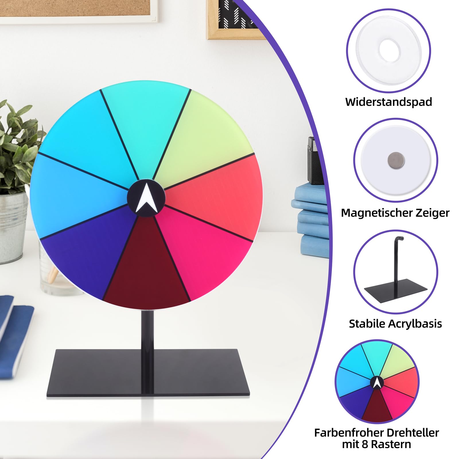 Koło szczęścia do obracania, 20 cm, wielokrotnego użytku, 8 kółek spinningowych, do samodzielnego ozdobienia, z markerem i zdejmowanym stojakiem, na imprezę targową, karnawał