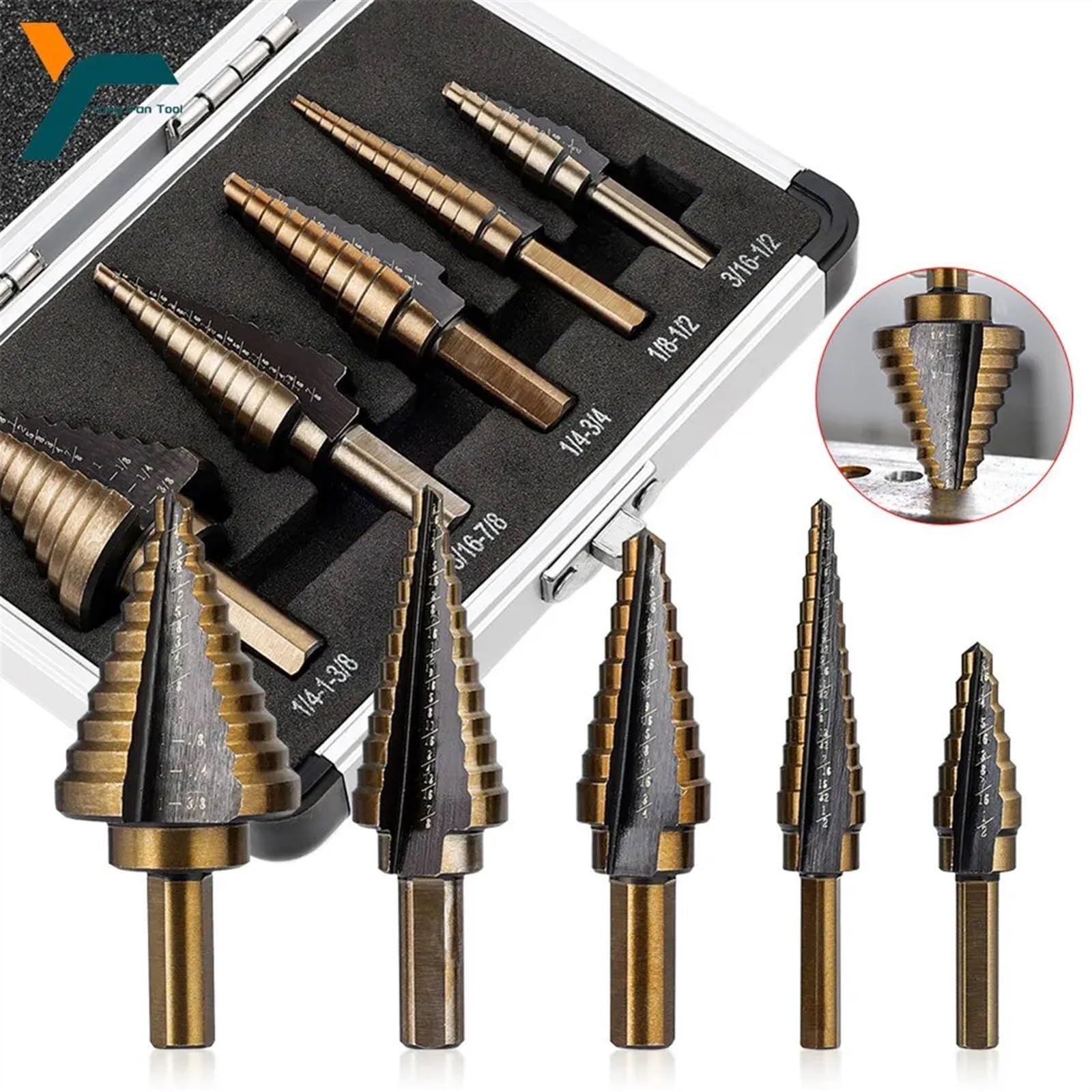 5 Pezzi Di Punte For Trapano HSS Set Di Punte Fori Multipli Intensificati Kit Di Punte A Gradino Cono In Cobalto Rivestito In Acciaio Ad Alta Velocità Placcato In Titanio Con Custodia In Alluminio
