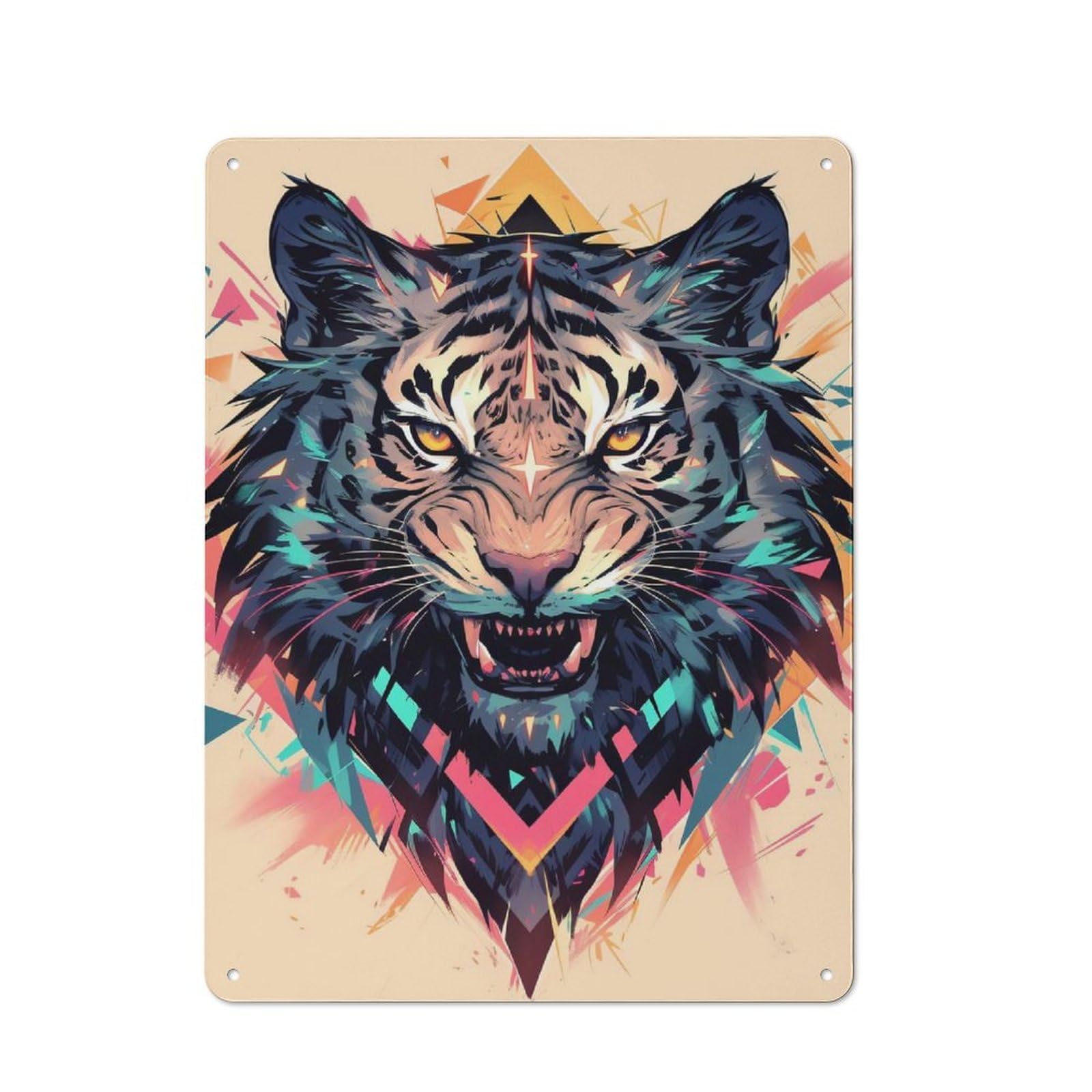 Junmoney Style-24 For Hobby Room Or Studio, Aggressive Tiger With Geometric Patterns Retro Tin Sign 40X30cm, Gift For Creative Interior Collectors During The Christmas Season