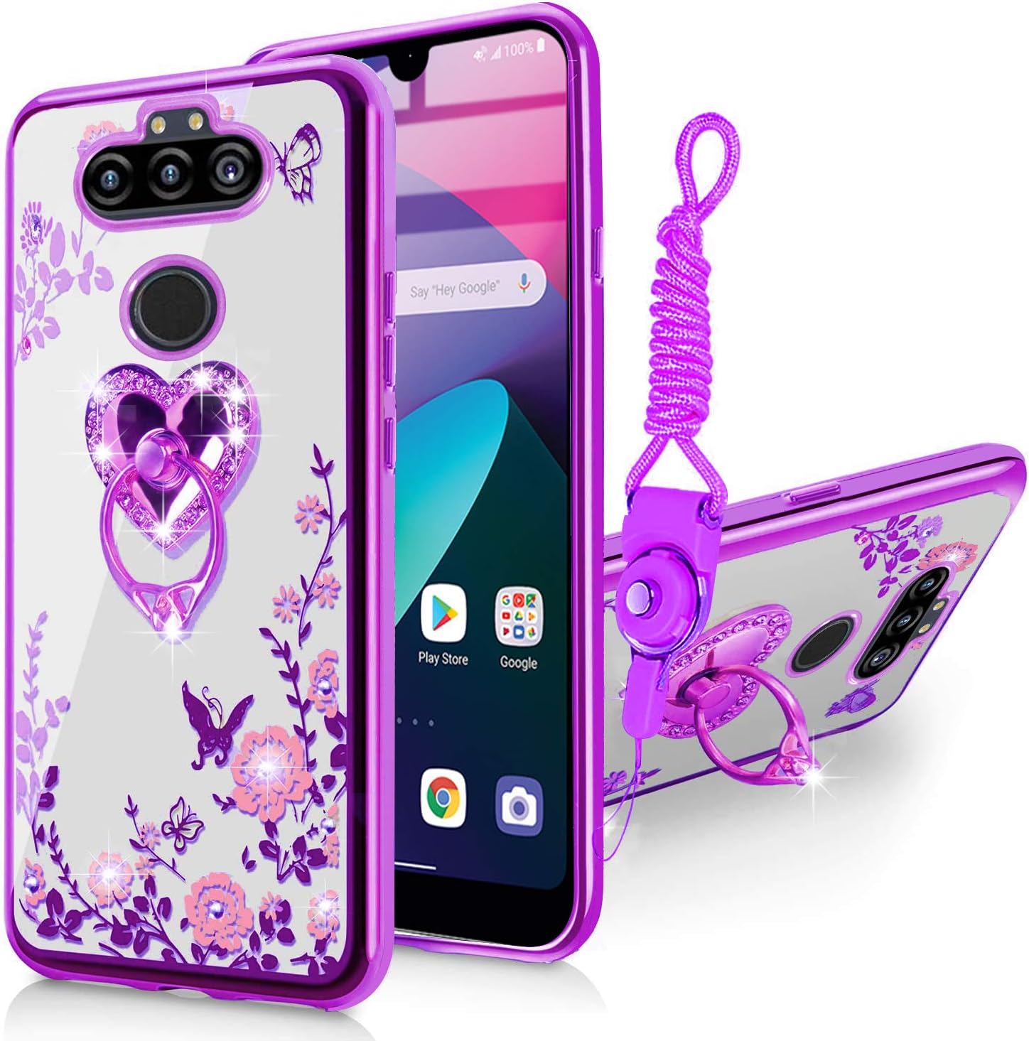 B-wishy for LG Aristo 5 Case Glitter Crystal Butterfly Heart Floral Cute for Girls, LG Fortune 3/LG K31/Aristo 5+ Case with Lanyard Neck Strap Slim TPU Case with Ring Stand Holder for LG K31-Purple