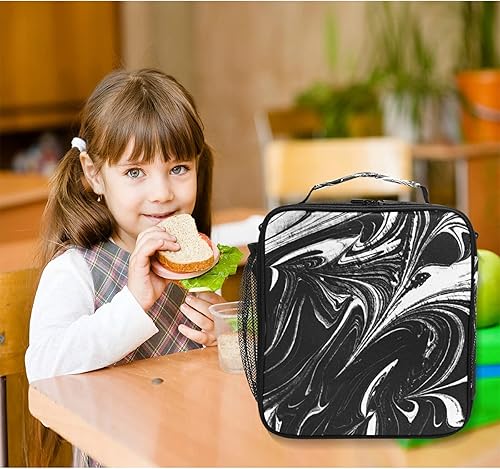 Miniatura 2 de ALAZA Lonchera de mármol fluido de tinta negra y blanca para niñas y niños, bolsa de almuerzo reutilizable, kit de bolsa de almuerzo congelable,