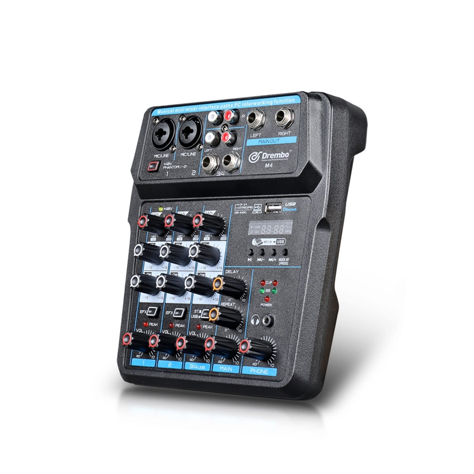 Kontroler miksera DJ M-4/6 Protable Mini Mixer Audio DJ Console with Sound Card, USB, 48V Phantom Power for PC Recording Singing Webcast Party do streamingu/podcastów/gier, telefonu, komputera(M4)