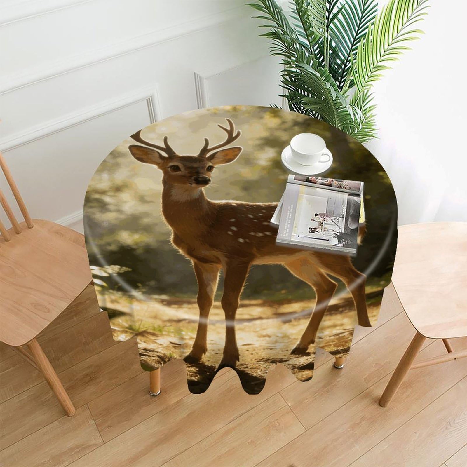 LZQPOEAS Deer Encounter The Dawn Light Tablecloth Easy to Clean Polyester Round Table Cover Washable Round Table Cloth Wrinkle-Free Circle Decoration Tablecloth for Kitchen and Dining Room 60"