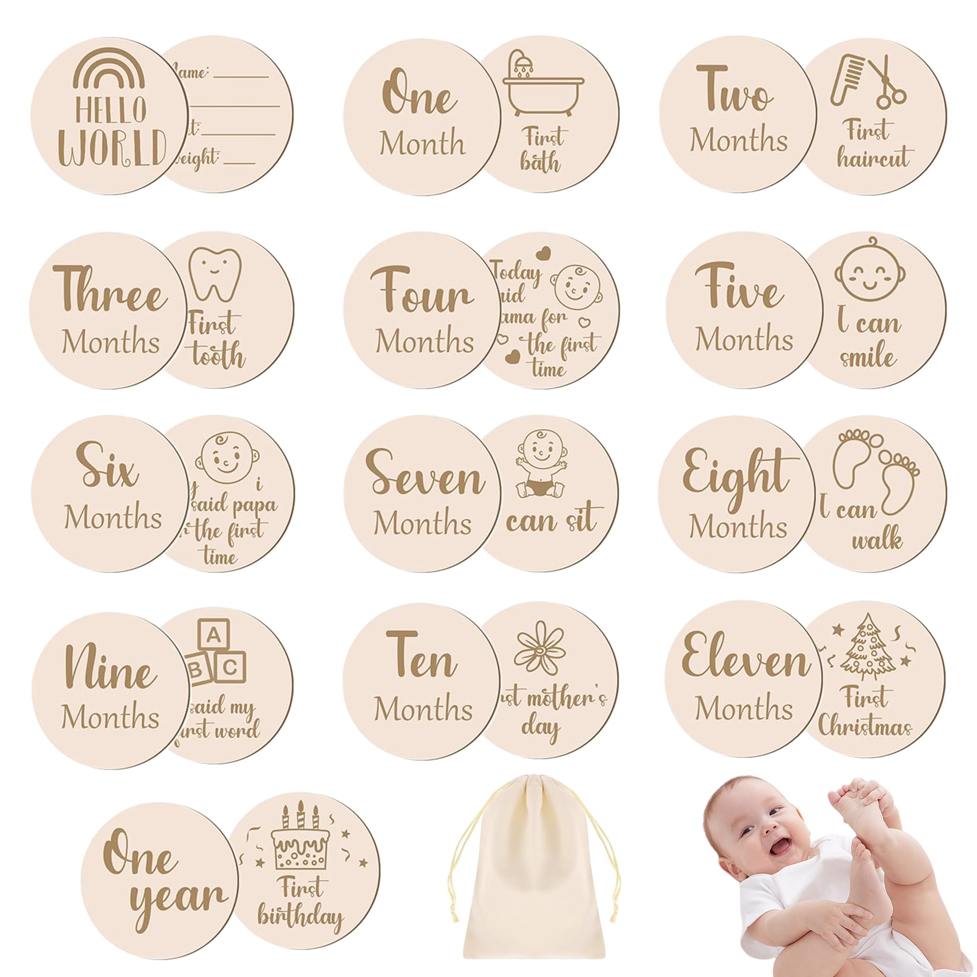 14 Pcs Baby Milestone Cards 10cm Round Wooden Milestone Baby Cards Newborn Growth Recording for New Parents Gift Set Newborn Infants 0-12 Months Growth Recording