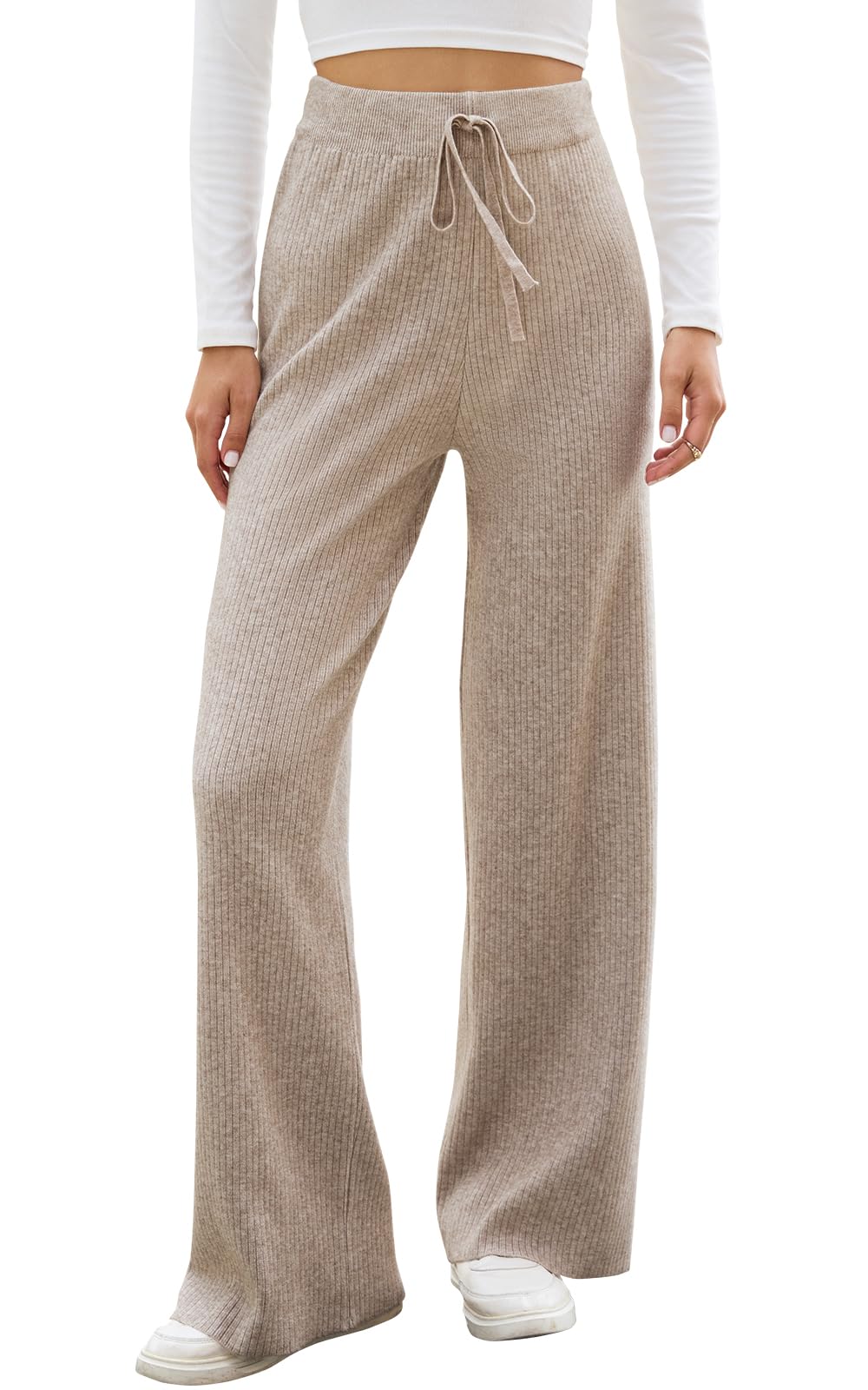 SEAFORM Womens Wide Leg Knit Pants Drawstring Elastic Waist Casual Ribbed Trousers Loose Comfy Fall Winter Sweater Pants