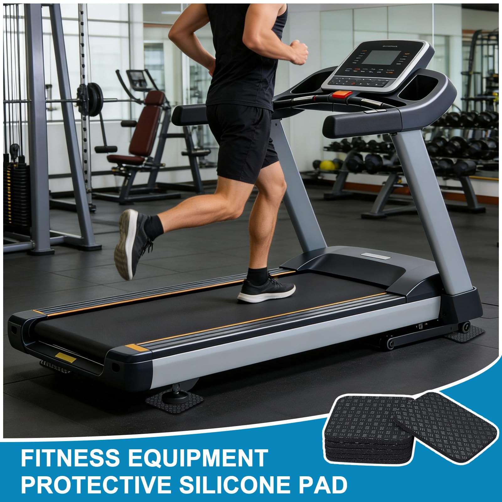Pack de 6 Almohadillas para Cinta de Correr Antideslizante Doble Cara, 10x10x0,5cm Alfombra de Goma para Exteriores, Cojín Antivibración de PU para Bicicleta Estática, Fitness y Lavadora, Negro