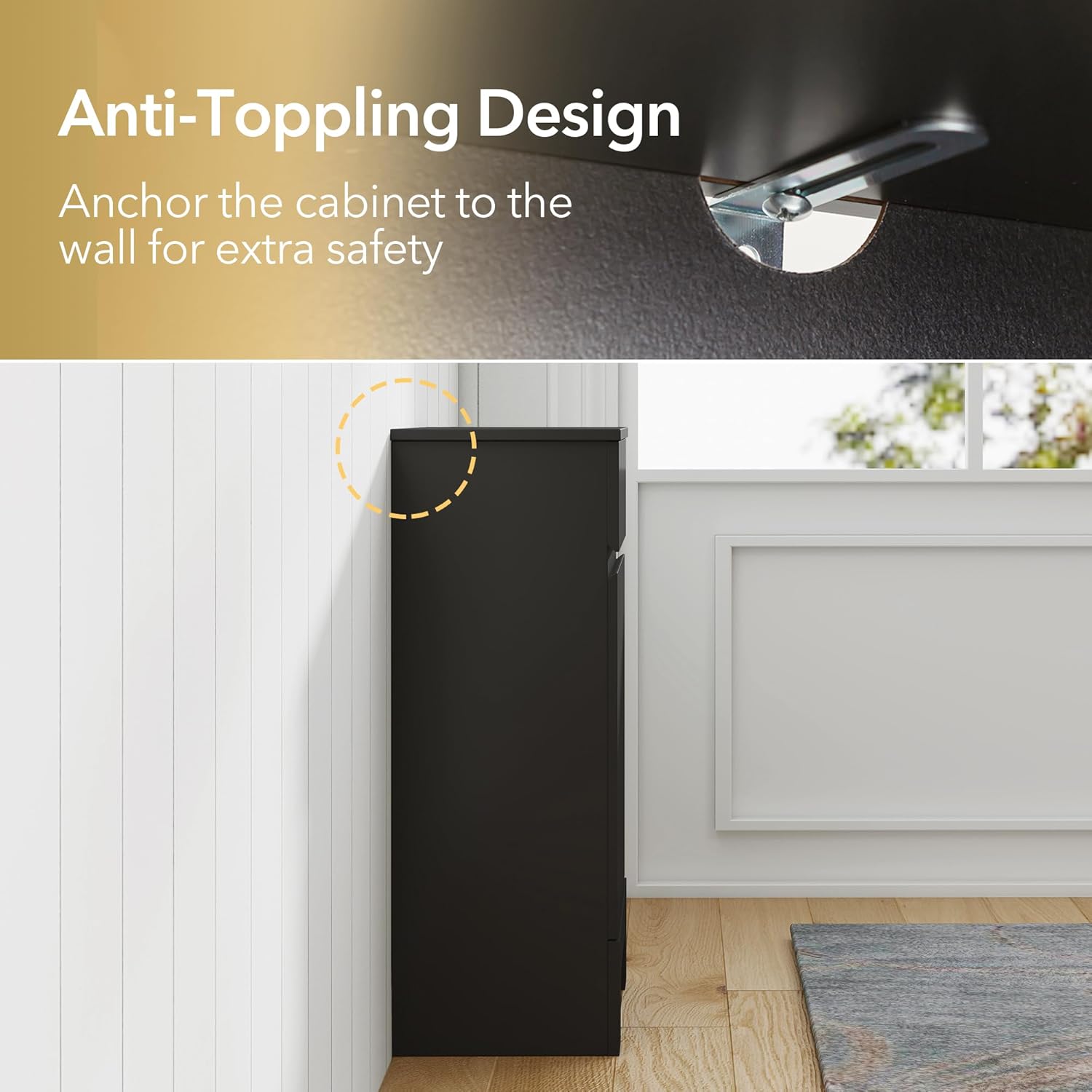 VANIRROR Small Bathroom Cabinet with Adjustable Shelves, Drawer, Anti-Tip Design, 14.96" L x 11.81" W x 32.09" H, Durable MDF for Bathroom, Kitchen, Laundry Storage, Soft-Close Door