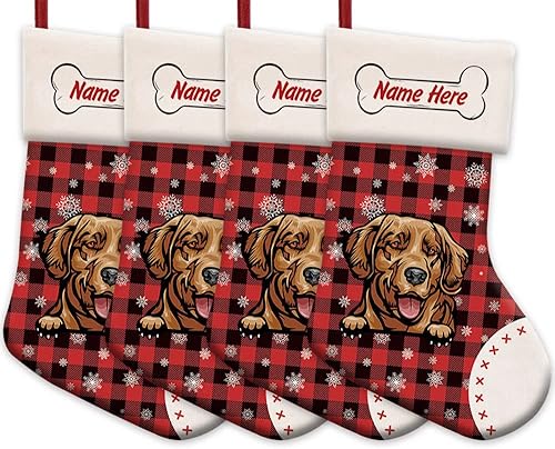 Vista 27 de Foto personalizada, Feliz Navidad, búfalo rojo, a cuadros, calcetín de Navidad para perro, copo de nieve, chimenea, decoración de vacaciones
