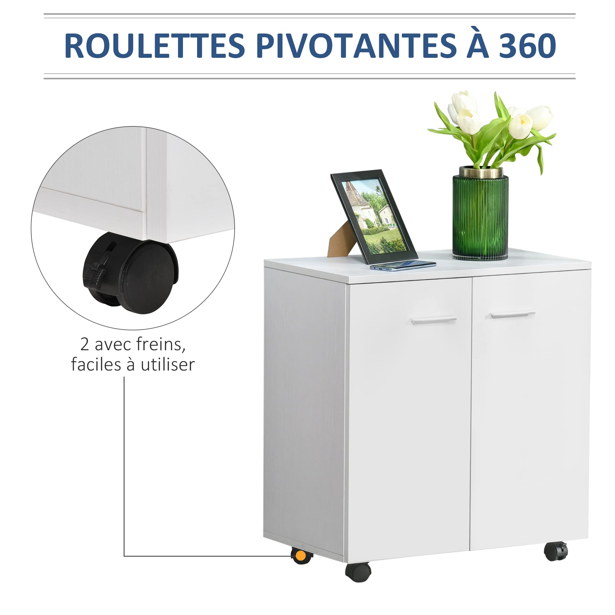 HOMCOM Meuble de Rangement Buffet Bas sur roulettes avec 2 Portes étagère Interne pour Salon, Chambre, Bureau 60 x 35 x 65 cm Blanc