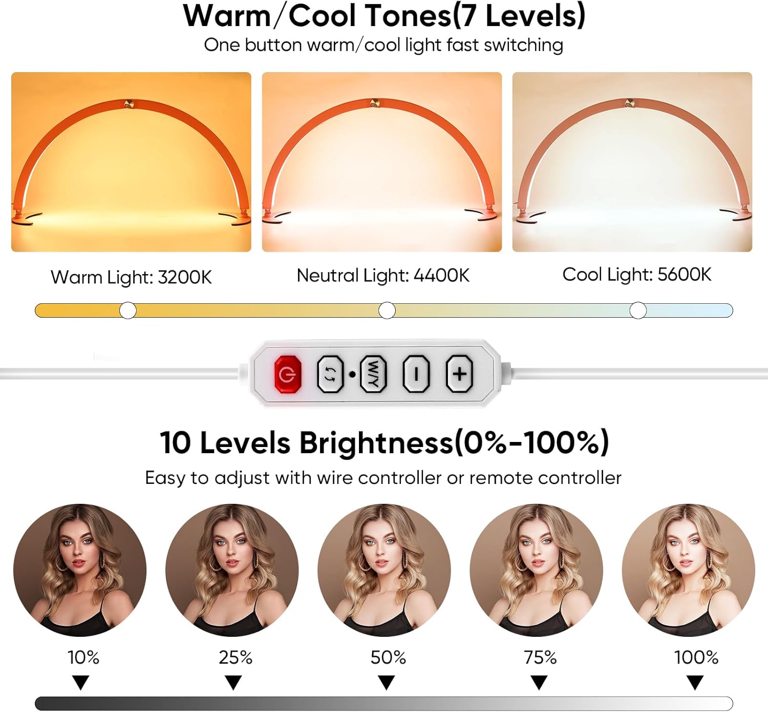 29in Half Moon Light for Desk, Led Nail Tech Lamp with Wire Controller & Remote, Table Lamp for Nails, Tattoo, Eyebrows, 7 Cool/Warm Tones & 10 Brightness