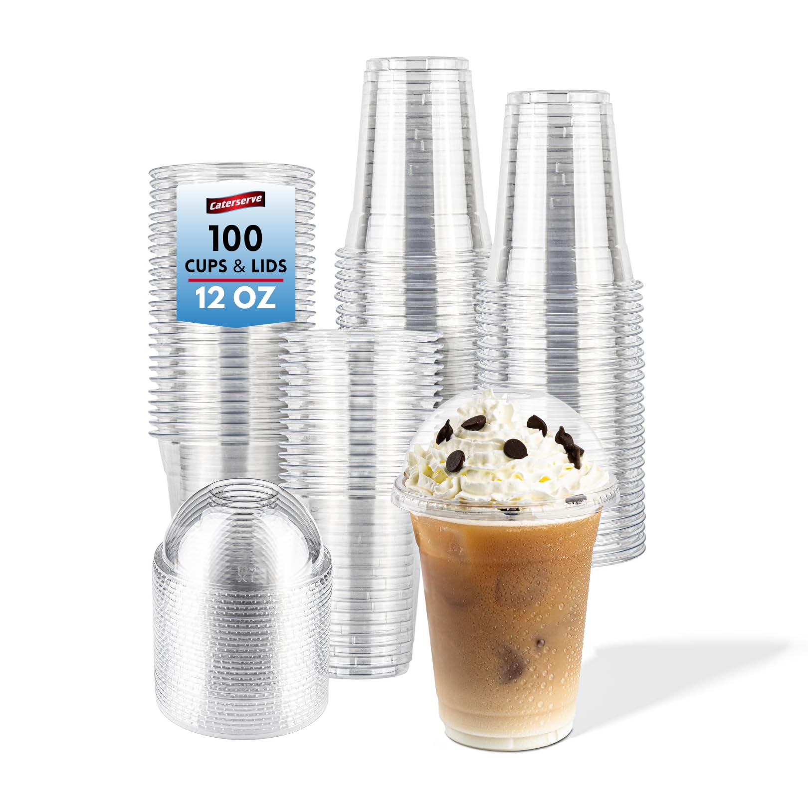 Caterserve 100 Clear 12oz Cups with Dome Lids – Great for Smoothies,Iced Drinks,slushies at Cafes, Restaurants, Events, and Takeaway Service