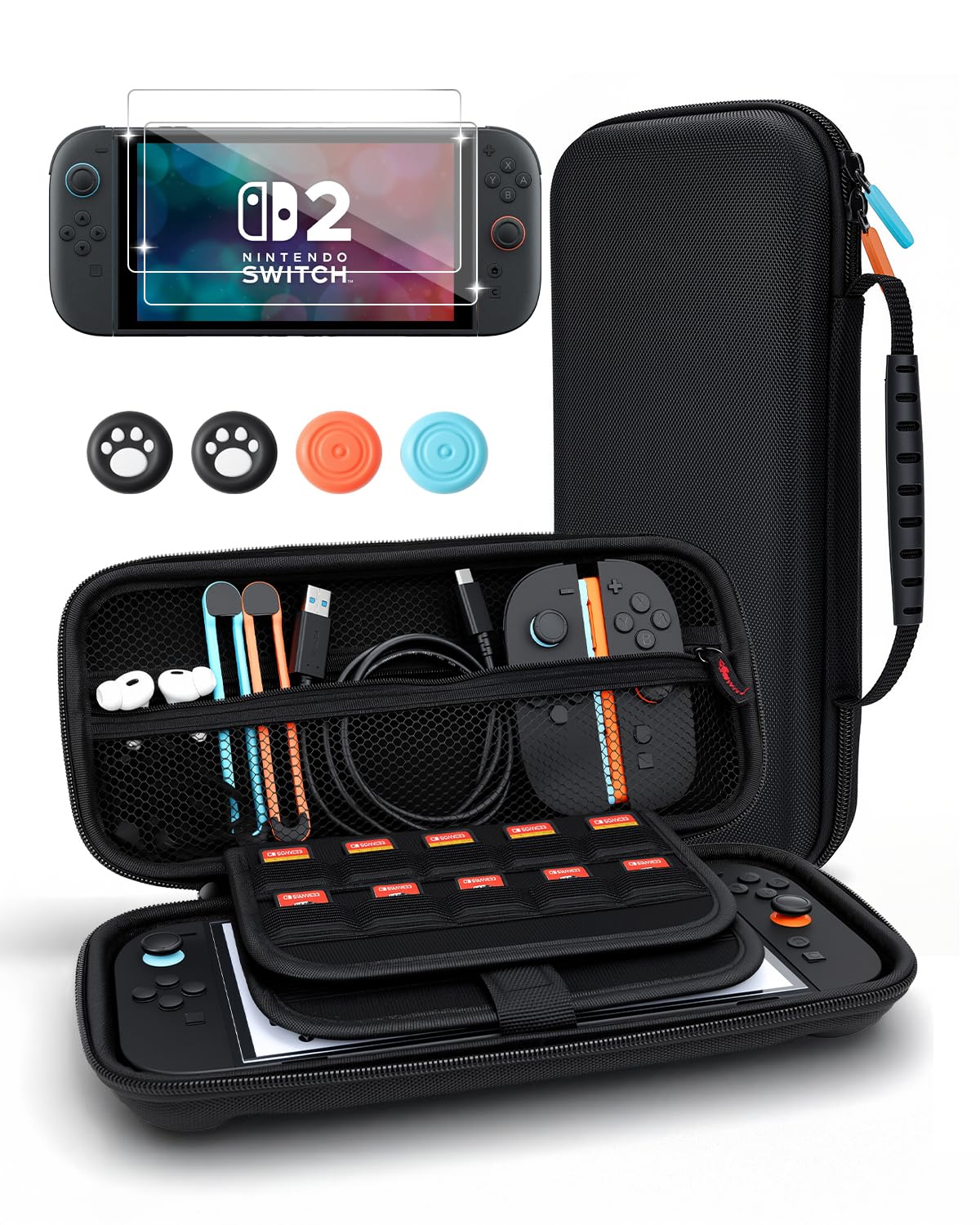 BOCACUE Carrying Case for Nintendo Switch 2(2025), 9 in 1 Accessories Bundle with 2 Screen Protectors, 4 Thumb Grip Caps, Protective Hard Shell Portable Travel Case for Switch2 with 20 Game Cartridges