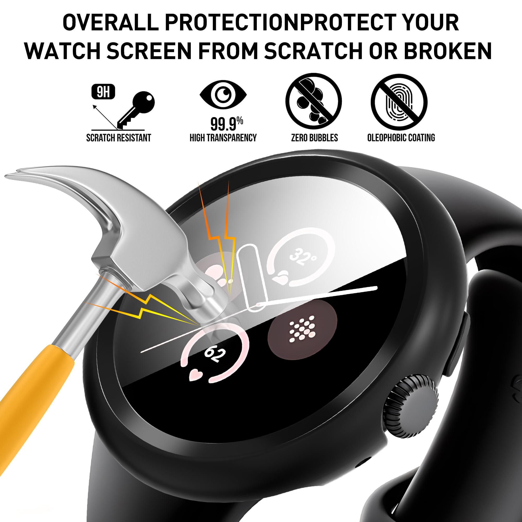 Diruite 3-Pack Screen Protector for Google Pixel Watch 3/2/1 41mm Tempered Glass Case All Around Hard PC Protective Cover,Black&Black&Black - Image 3