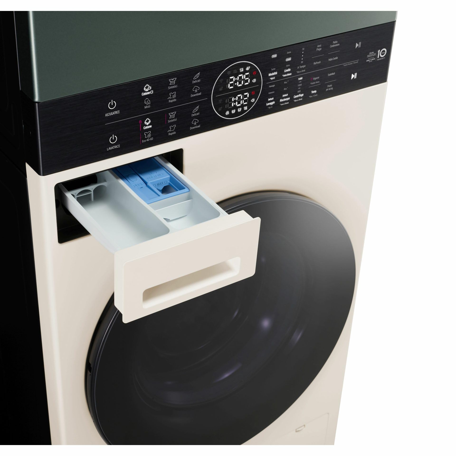 LG WashTower WT1210EGF Wäschesäule, Waschmaschine und Trockner zusammen, Waschmaschine 12 kg, Klasse A -10% und Trockner 10 kg, Klasse A+++, Einzelpaneel, TurboWash360, Dampfwäsche, Beige Green