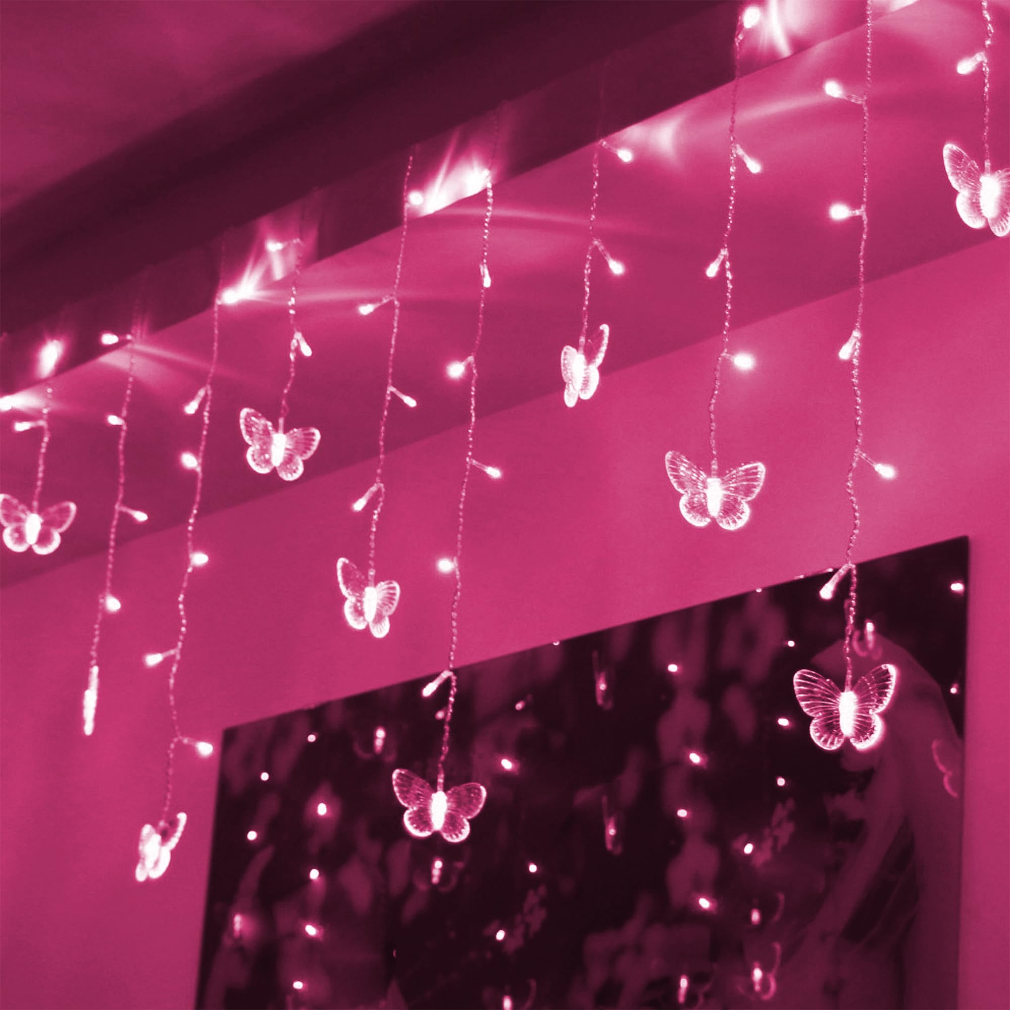 Luces de cortina de mariposa, 5 pies, 48 luces LED USB para ventana, 10 mariposas, 8 modos, luciérnaga de luces parpadeantes para habitación, dormitorio, pared, techo, fiesta, boda, Navidad