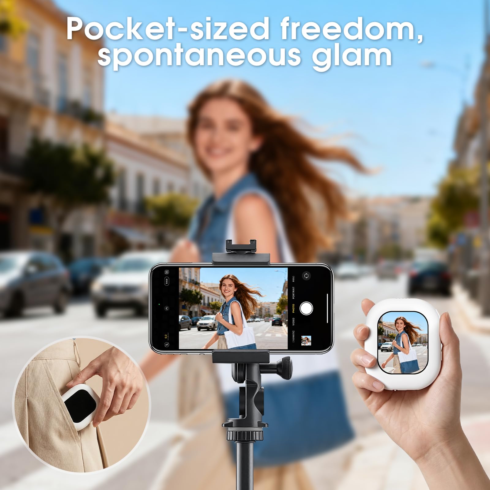 AGXOV Selfie Monitor Schermo per Telefono, Wireless Magnetico Telecamera Posteriore Monitor per iPhone, Altoparlante Integrato per Youtube TikTok Live, Bianco