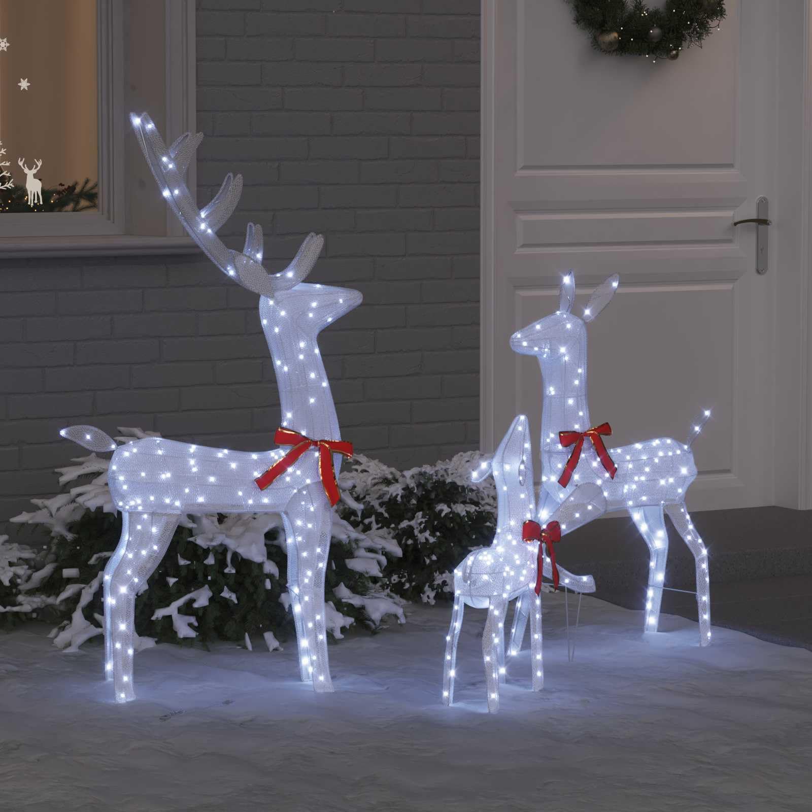 Rodzina reniferów 3-częściowa z materiału 68 x 26 x 127 cm zimna biel ze światłami LED i czerwonym łukiem do dekoracji bożonarodzeniowej wewnątrz i na zewnątrz, świąteczna figurka do salonu i na