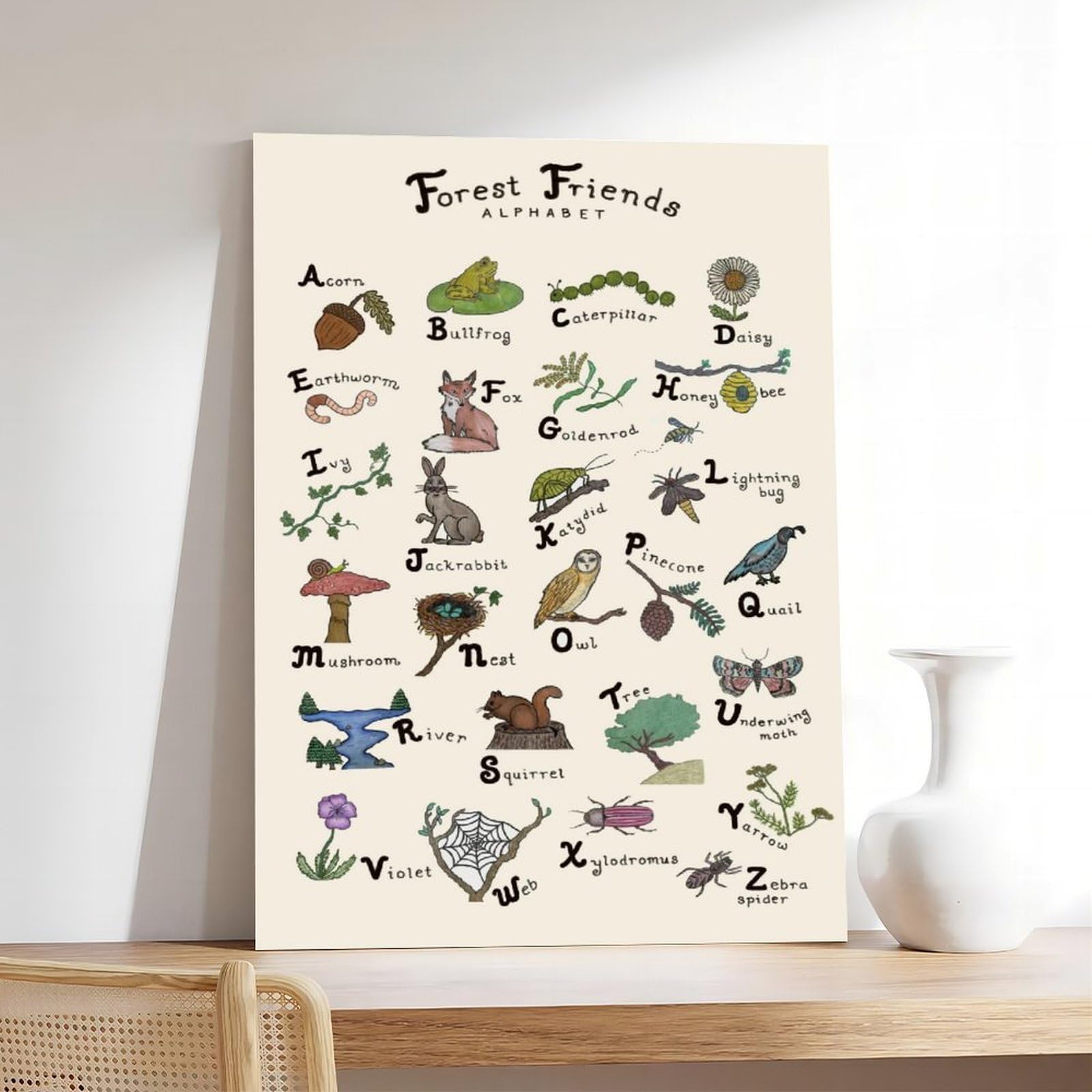 Lettres de l'alphabet de la forêt, animaux de la forêt, décoration éducative pour enfants, poster sur toile, décoration murale pour salon, chambre à coucher, 61 x 91,4 cm (L x l)