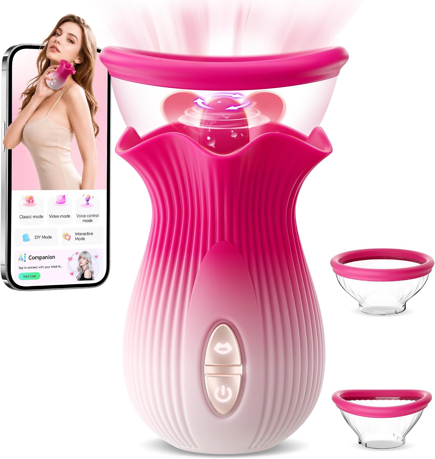 Vibrator Rose Toy for Women, AI Sync Sex Toys with 3 Sucking/9 Licking/9 Vibrating Modes, Adult Toys for Women with 2 Suction Cups for Presice Anal Clitoral Nipple Stimulation for Couples/Female, Pink