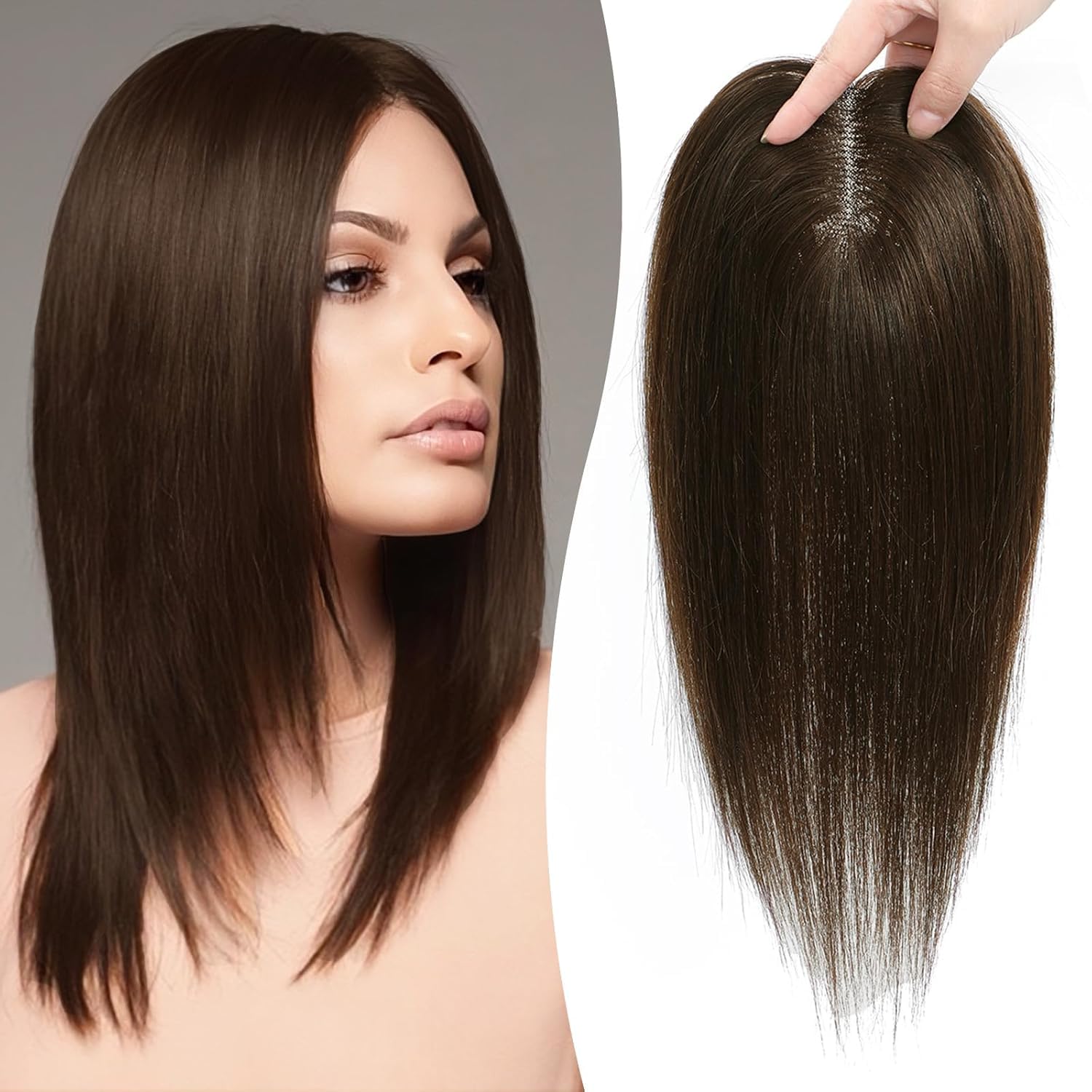 4 x 4 Inch Base, 4 Snap Clips in Straight Hair Topper, Hair Extension for Covering Thinning, Grey, White Hair, 18 Inches Long, Brown Color-image-27