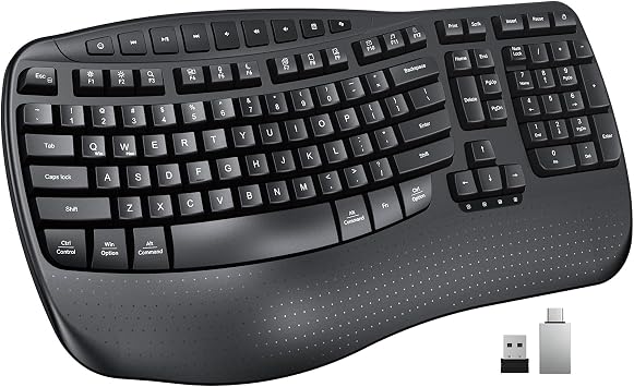 MEETION Wireless Ergonomic Keyboard with Wave Keys and Wrist Rest - Black