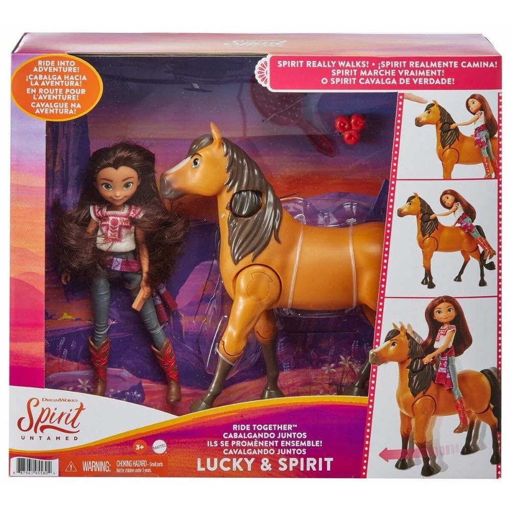 WEUANY DreamWorks Spirit Spirit y Fortu Montamos a Caballo Muñeca Morena con Caballo de juguete que cabalga Solo y accesorios