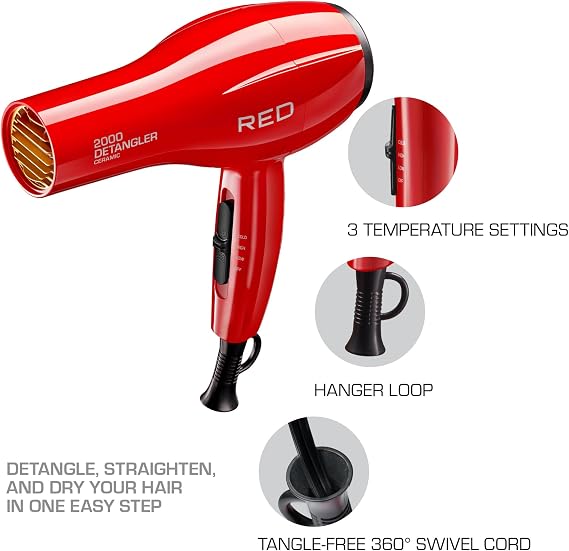 Kiss Products Red Detangler Dryer Plus 3 Attachments, 1.75 Pound