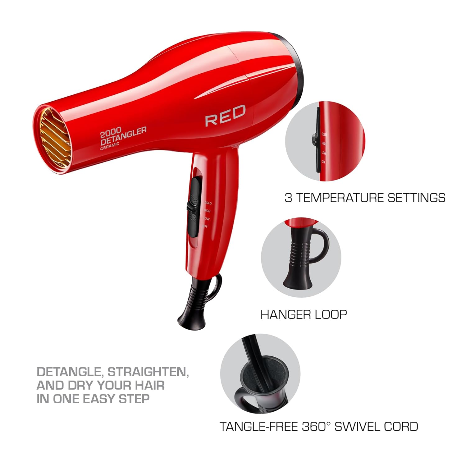 Kiss Products Red Detangler Dryer Plus 3 Attachments, 1.75 Pound