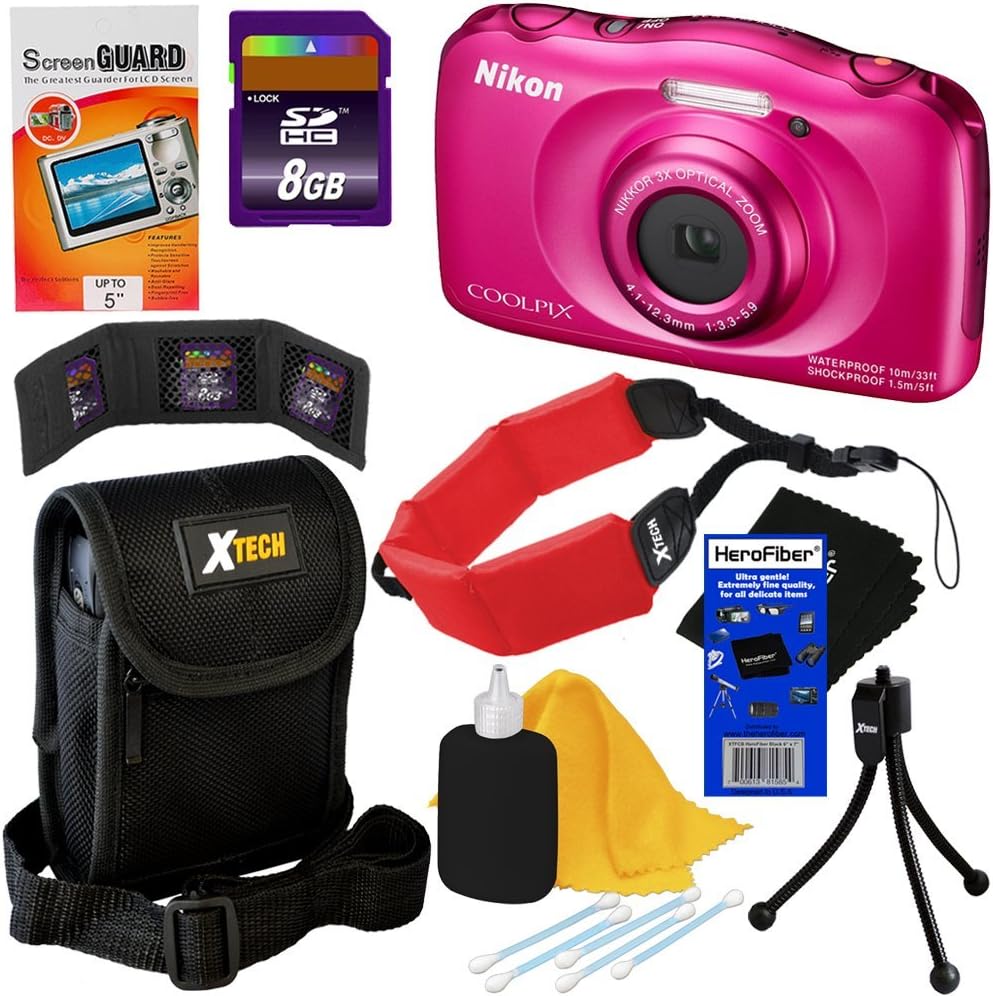 Nikon COOLPIX S33 Waterproof & Shockproof 13.2 MP Digital Camera with 3X Zoom Lens & Full HD 1080p Video, Pink (International Version) + 8pc Bundle 8GB Accessory Kit