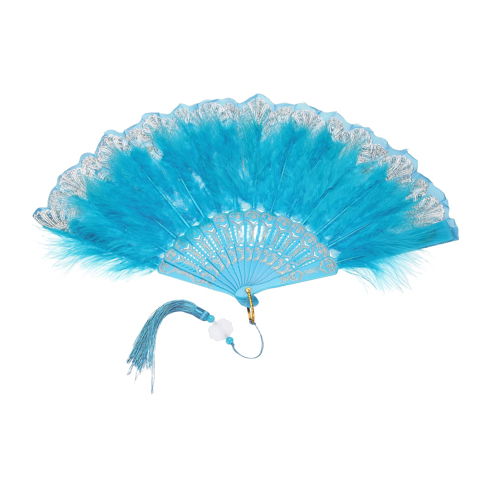 sourcing map 1 Pcs Vintage Folding Fan, Embroidered Flower Marabou Feather Fans 20s Vintage Style Handheld Folding Fan for Dancing Wedding Show Party Tea Party Occasions, Sky Blue(Polyester)
