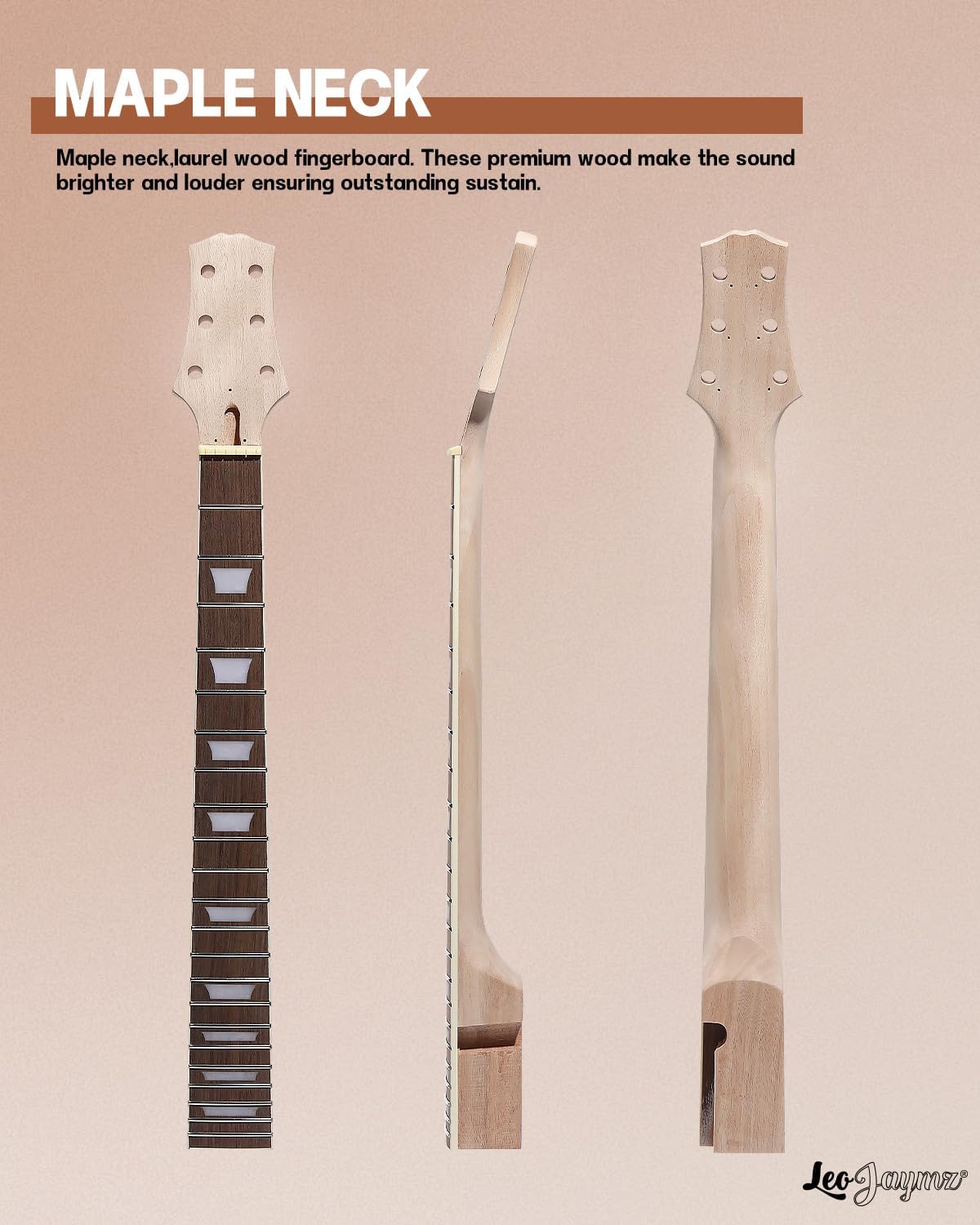 Detailed view of the maple headstock with six tuning peg holes, highlighting its sturdy and durable alloy material.
