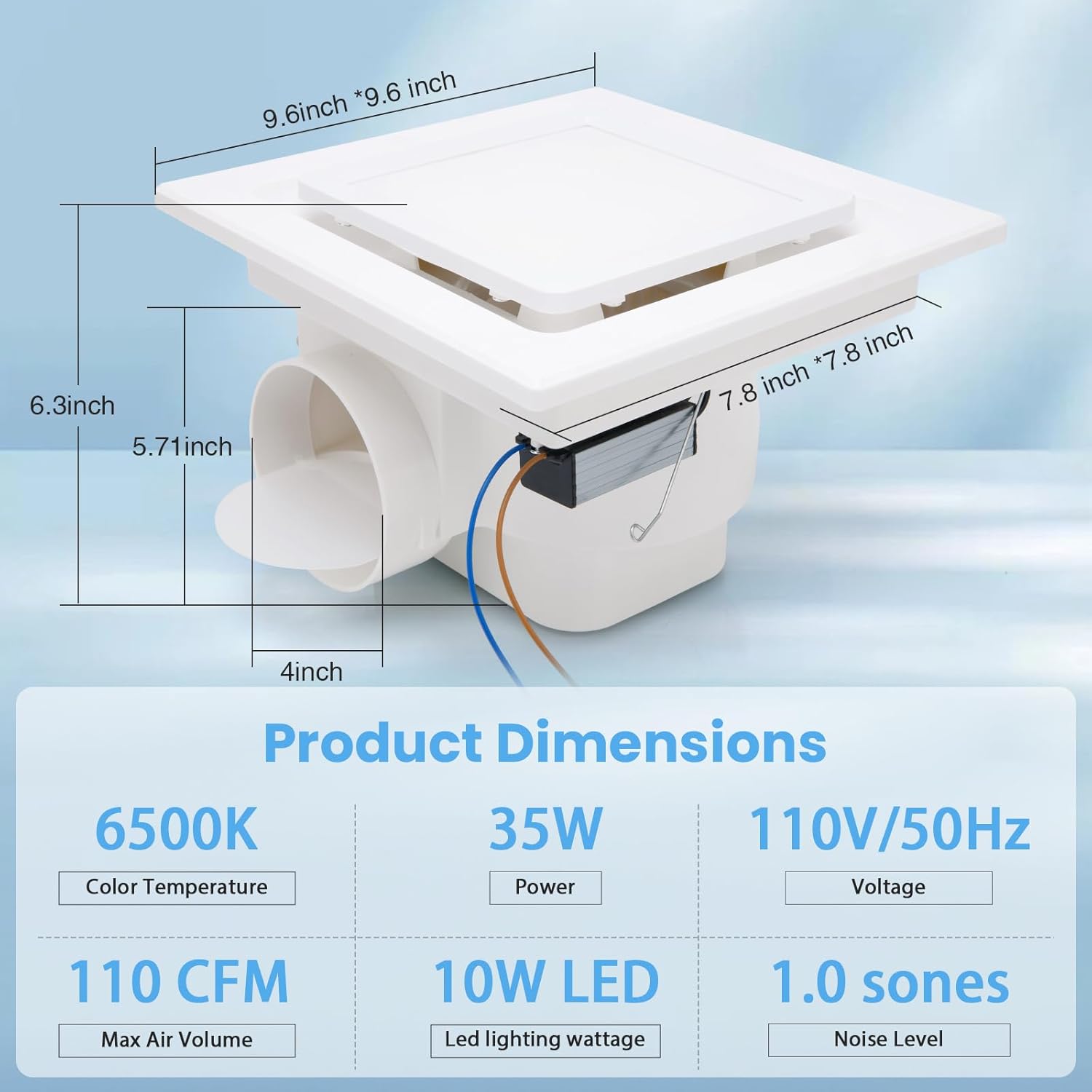 Bathroom Exhaust Fan, Bathroom Vent Fan with Light, 110 CFM 1.0 Sones 4 Inch Duct, Quiet Square Shower Exhaust Fan with Light