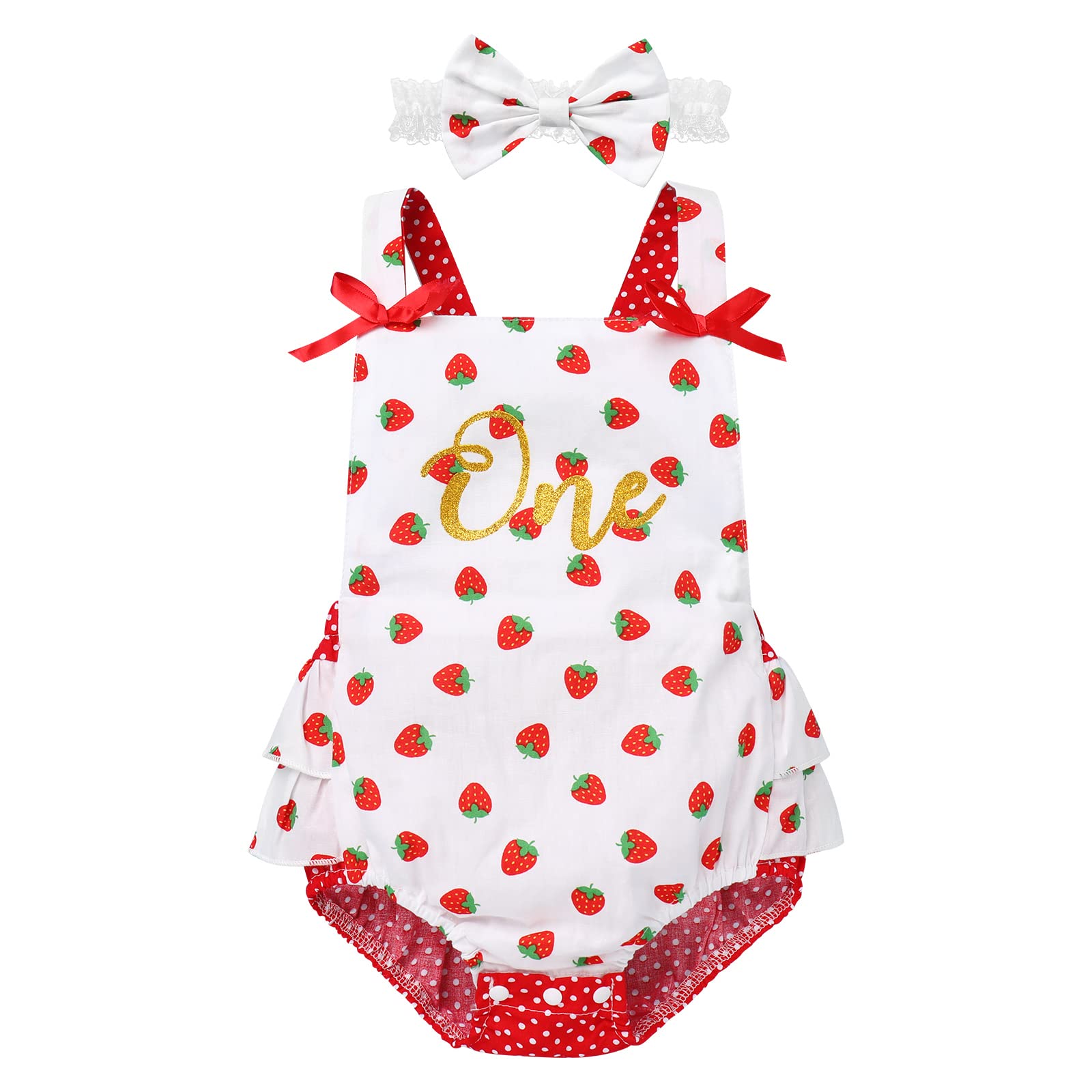 Sweet One Strawberry Birthday Outfit Girl First Birthday Romper With Headband Set 1st Berry Theme Cake Smash Photo Shoot Outfits Red 6-12 Months