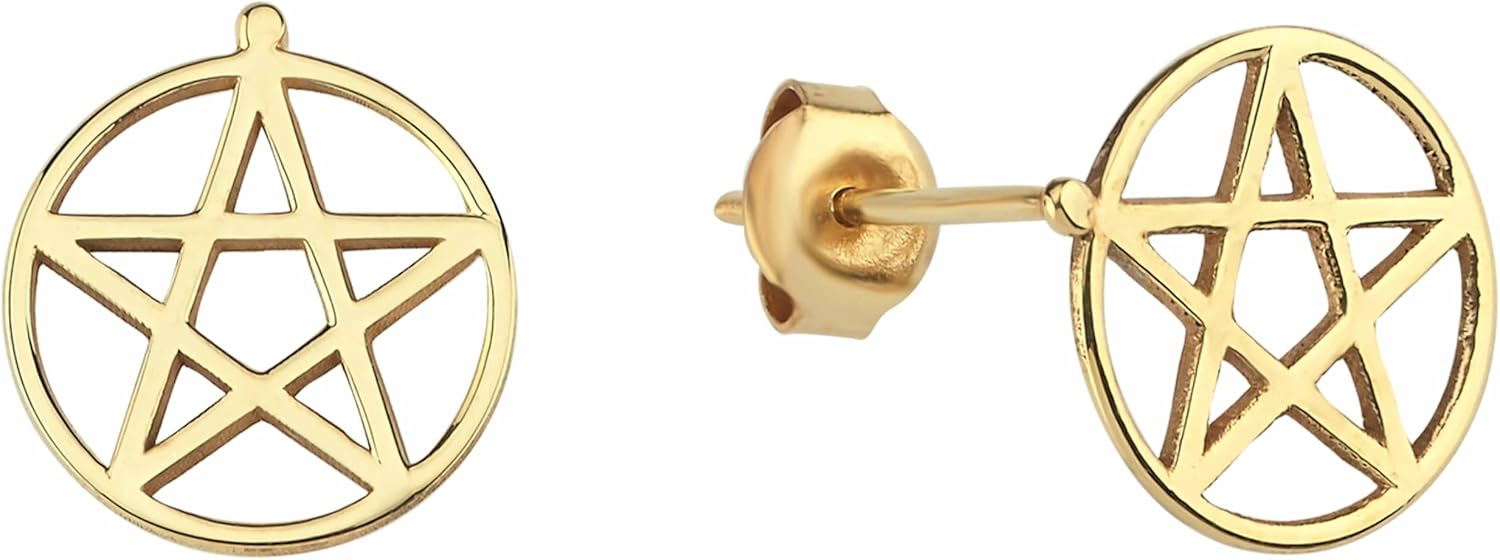 MIONZA 14K Solid Gold Spiritual Symbol Earrings for Women - Choose Your Style: Celtic Knot, Triple Moon, Pentagram, Moth Studs or Cross Huggie