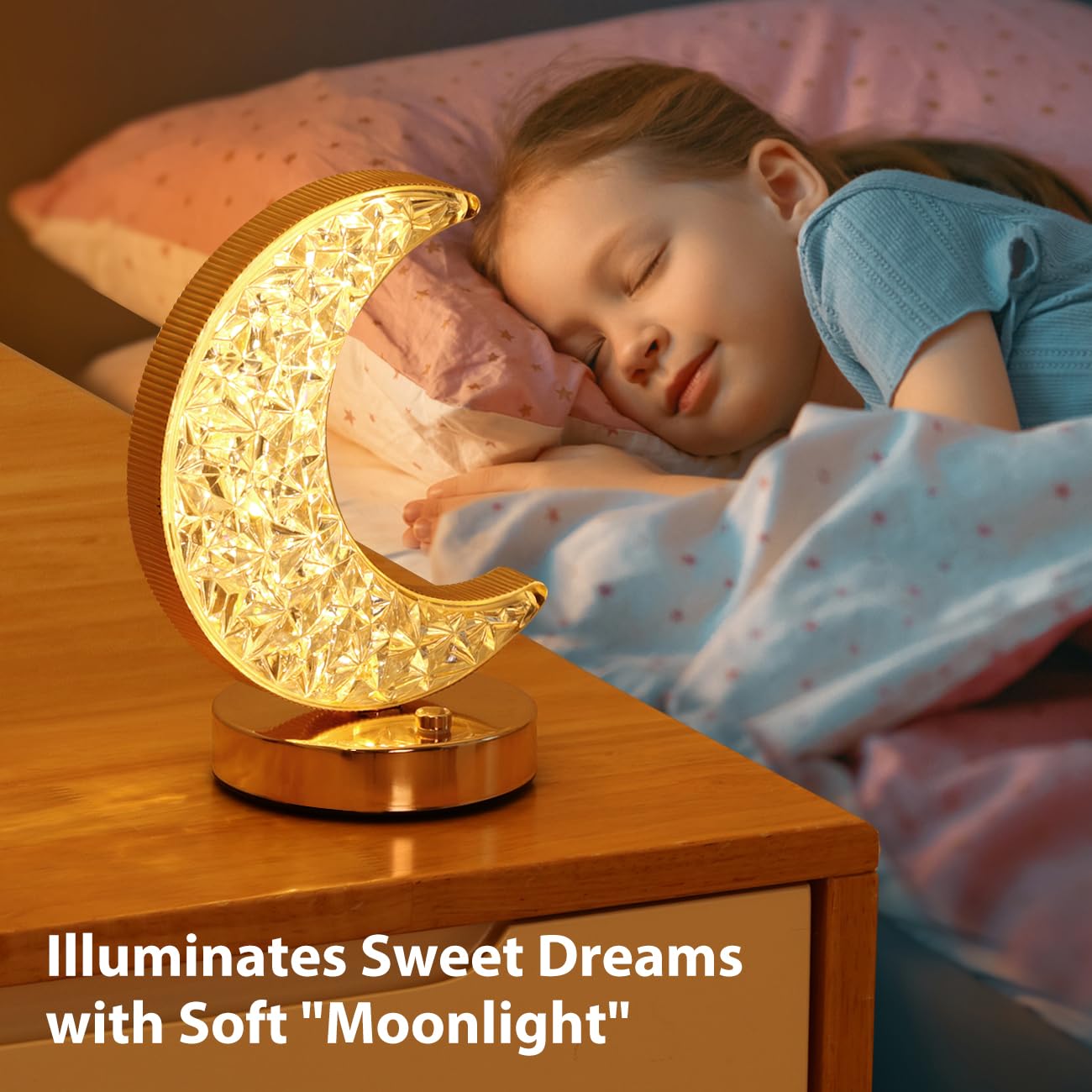 Lámpara de mesa de luna creciente, lámpara táctil regulable sin escalones con 3 colores, luz nocturna recargable con puerto USB, lámpara de noche de luna de Ramadán para mesita de noche, 7