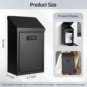Secure Wall-Mounted Mailbox for Outside, Rust-Proof Steel Postbox with 3 Sets Numbers, Combination Locking Donation/Suggestion Box, Collection Box with Drop Slot for Home, Office, Business