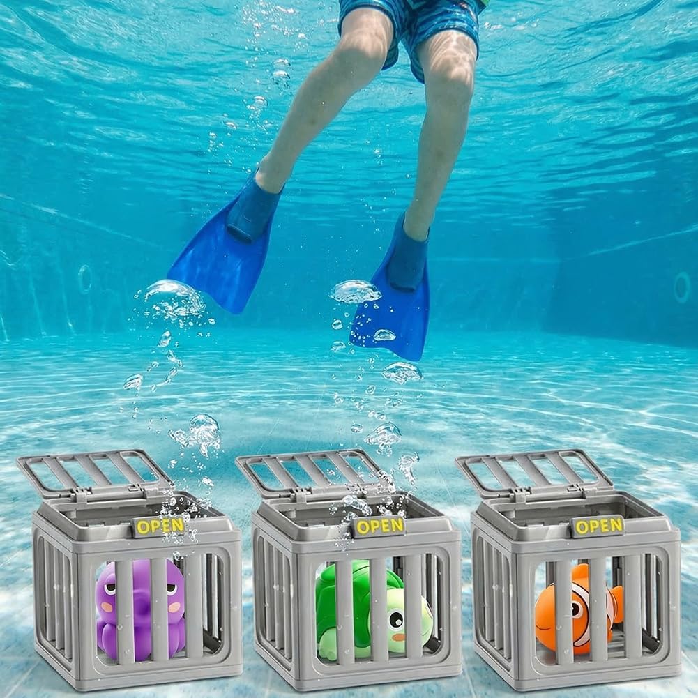Children's Pool Diving Toys Set, Underwater Dive Rescue Toys with Pool Toy Cage & Sinkies for Kids Ages 8-12, Summer Swimming Pool Games & Bath Toy Gift