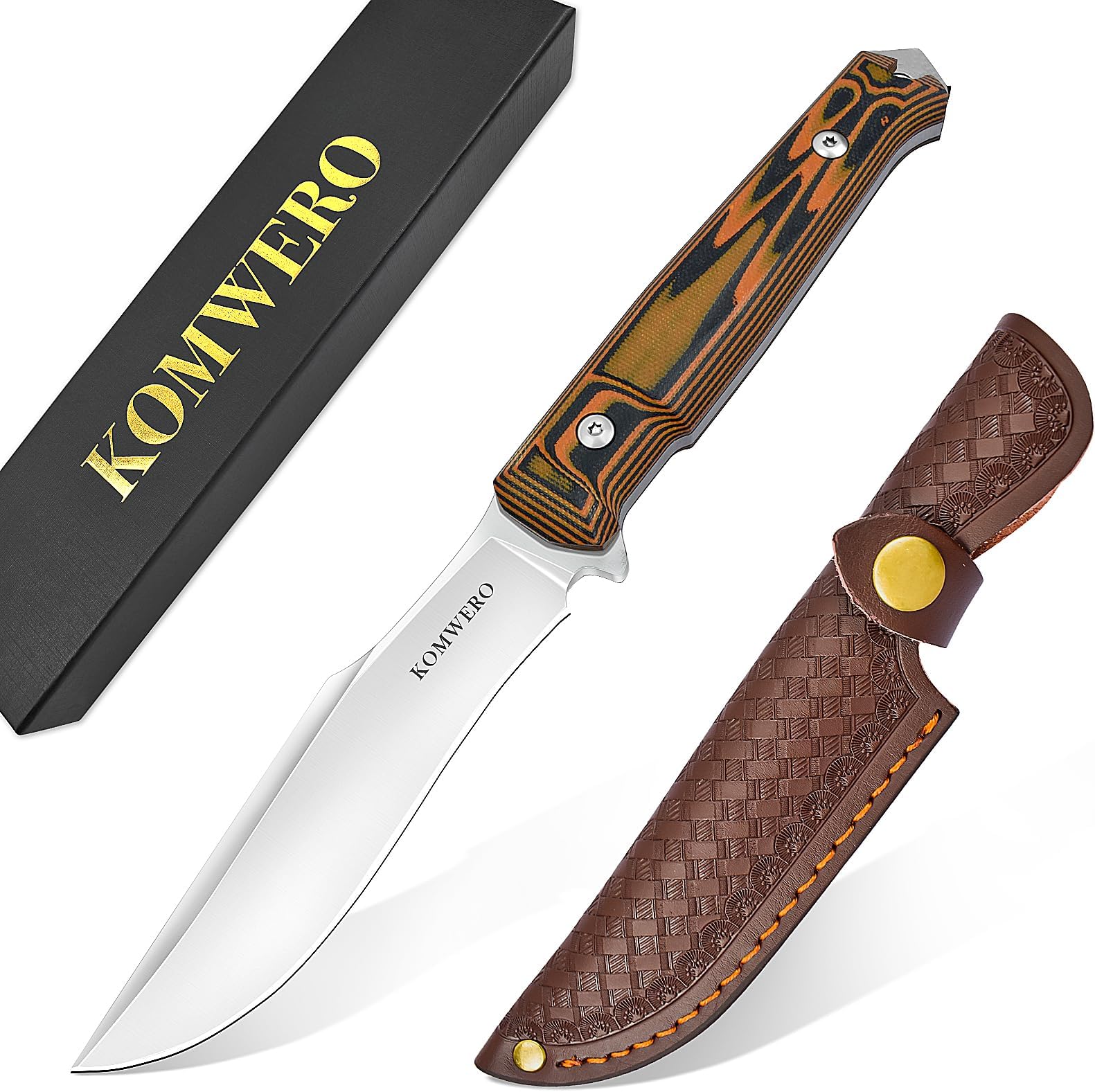 KOMWERO 固定刃ナイフ フルタングハンティングナイフ 鋭利な4.3インチ D2スチールブレード ガラスブレーカー G10ハンドル レザーシース サバイバル キャンプ アウトドア用