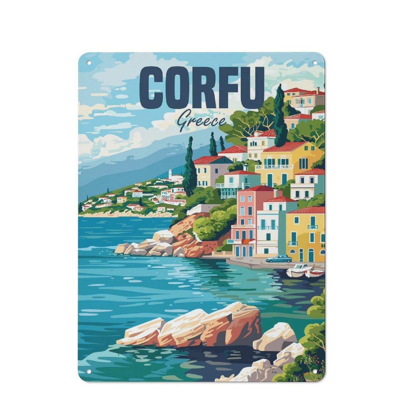 Corfu Greece Island Metal Wall Sign 40x30cm, Clean Industrial Loft Wall Plaque for Workspace, Cafe, Hallway Or Garage