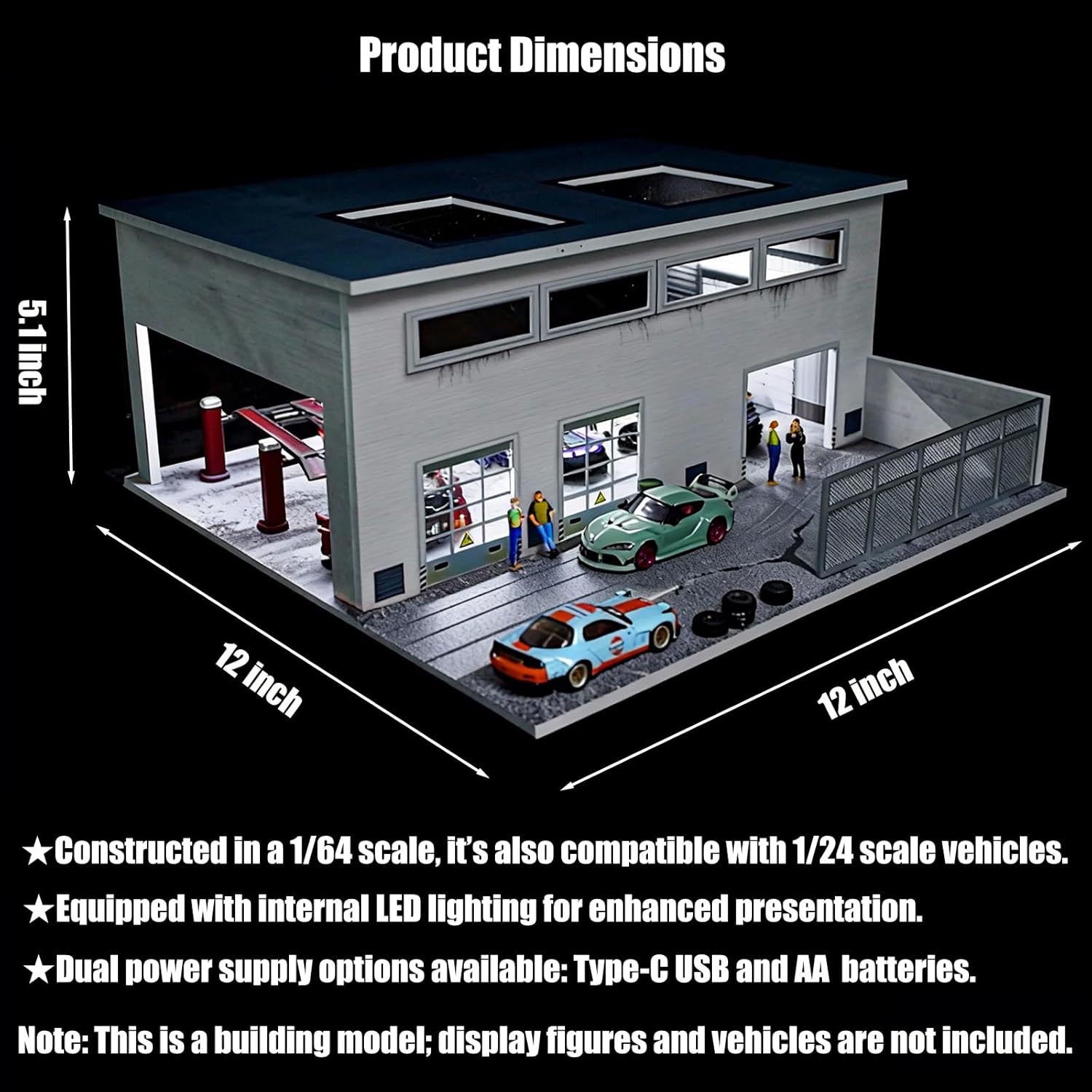 1/64 LED Lighted Diorama Garage Display Case for Hot Wheels, Matchbox & Mini GT Diecast Cars, Ideal for 1:64 Model Car Collection Display & Showcase (Factory Builiding)