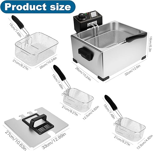 Miniatura 6 de Freidora grande de 5 litros con cesta para uso doméstico, freidora eléctrica con 3 cestas de freír, control de temperatura ajustable, freidora de