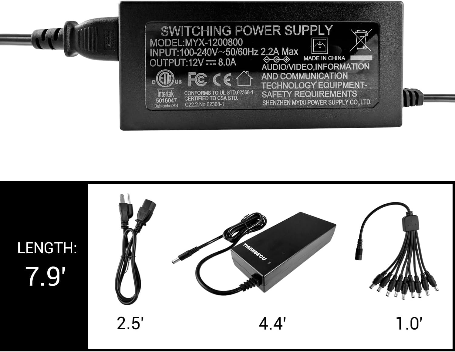 TIGERSECU 12V 8A Power Adapter for Security Cameras and DVRs, with 9-Way Splitter, 100V-240V, 2.1x5.5mm Power Supply, Compatible with Lorex, Night Owl, Swann, ZOSI, Reolink, Annke IP and BNC Cameras
