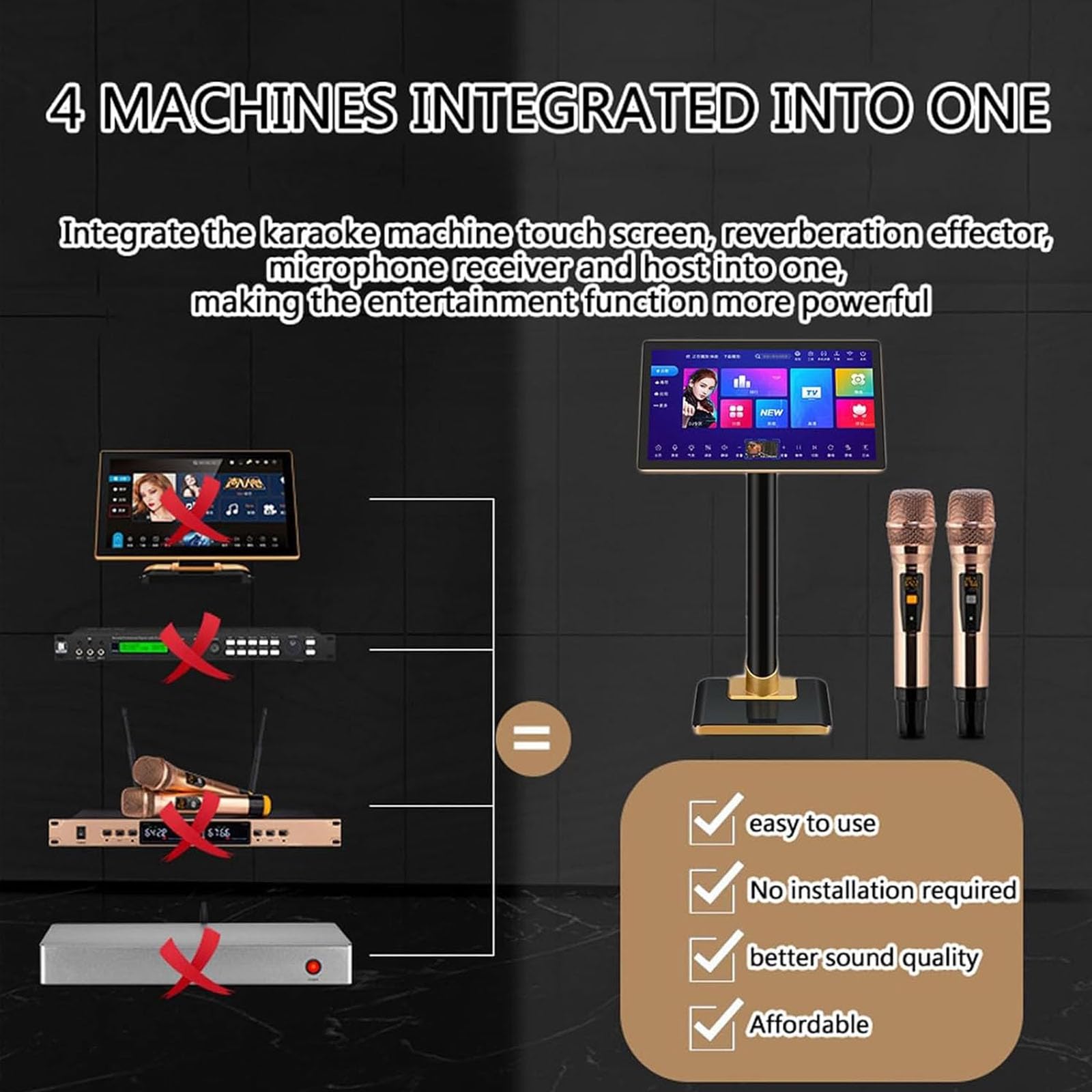 Macchina per Karaoke da 21,5 Pollici, 2 Microfoni Wireless, Sistema Touchscreen Portatile, Altoparlante Stereo Integrato E Bluetooth, Controllo Tramite App per Smartphone