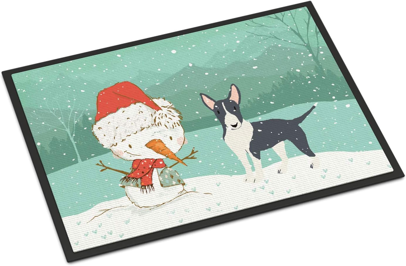 Caroline's Treasures CK2055MAT Black Bull Terrier Snowman Christmas Doormat 18x27 Front Door Mat Indoor Outdoor Rugs for Entryway, Non Slip Washable Low Pile, 18H X 27W