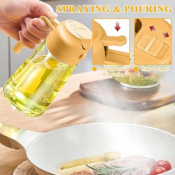Yemek pişirmek için yağ şişesi, 470 ml yağ püskürtme şişesi, 2'si 1 arada dağıtıcı şişe, cam pişirme şişesi, cam yağ şişesi, yağ şişesi ağzı ve püskürtücü, salata ve ekmek pişirmek için yağ püskürtücü