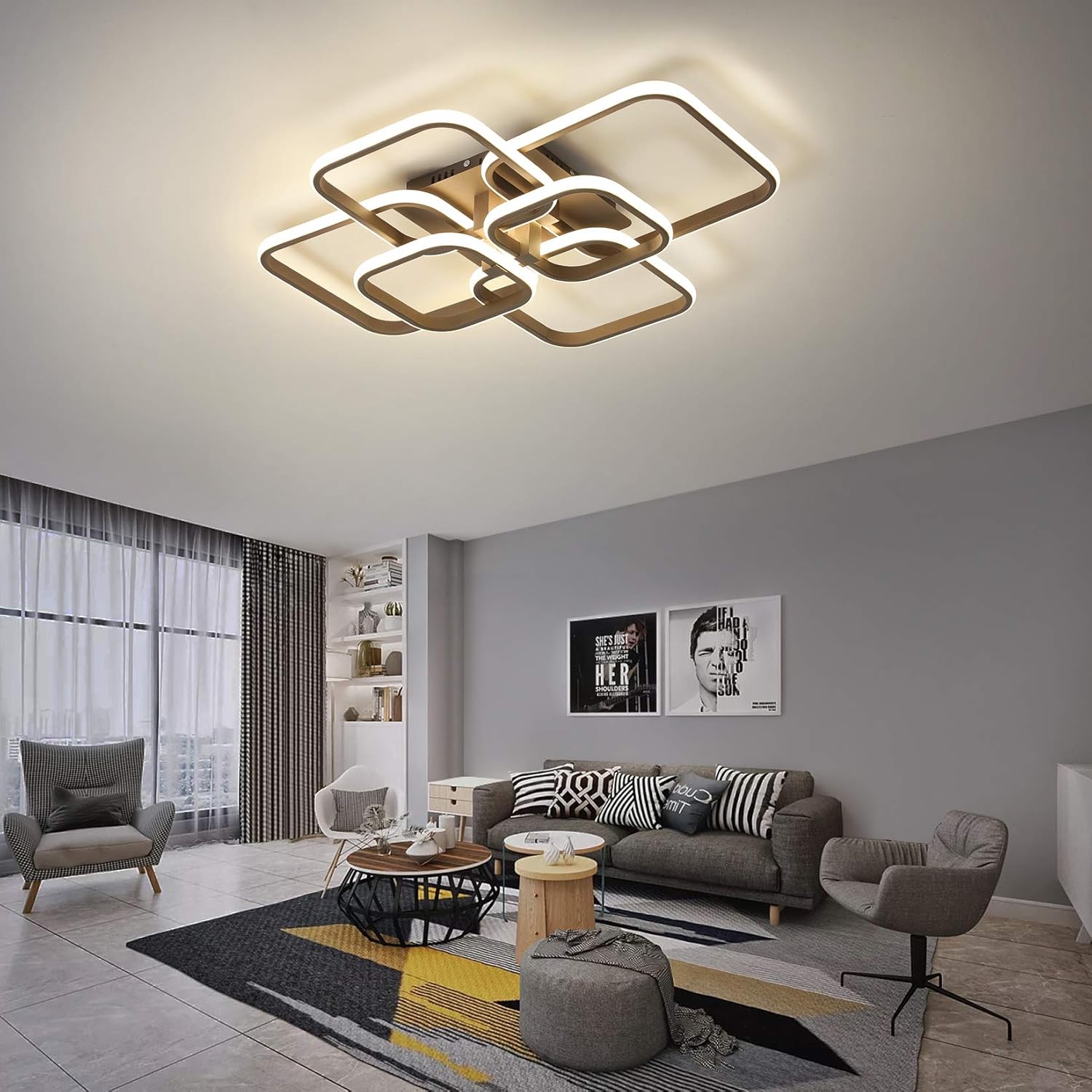 Black Friday - 70% OFF LED Ceiling Light Modern Chandelier Flush Ceiling Light Close to Ceiling Light Fixtures for Living Room,Bedroom,Dining Room,Dimmable Remote Control,3 Color (6-Heads Brown)