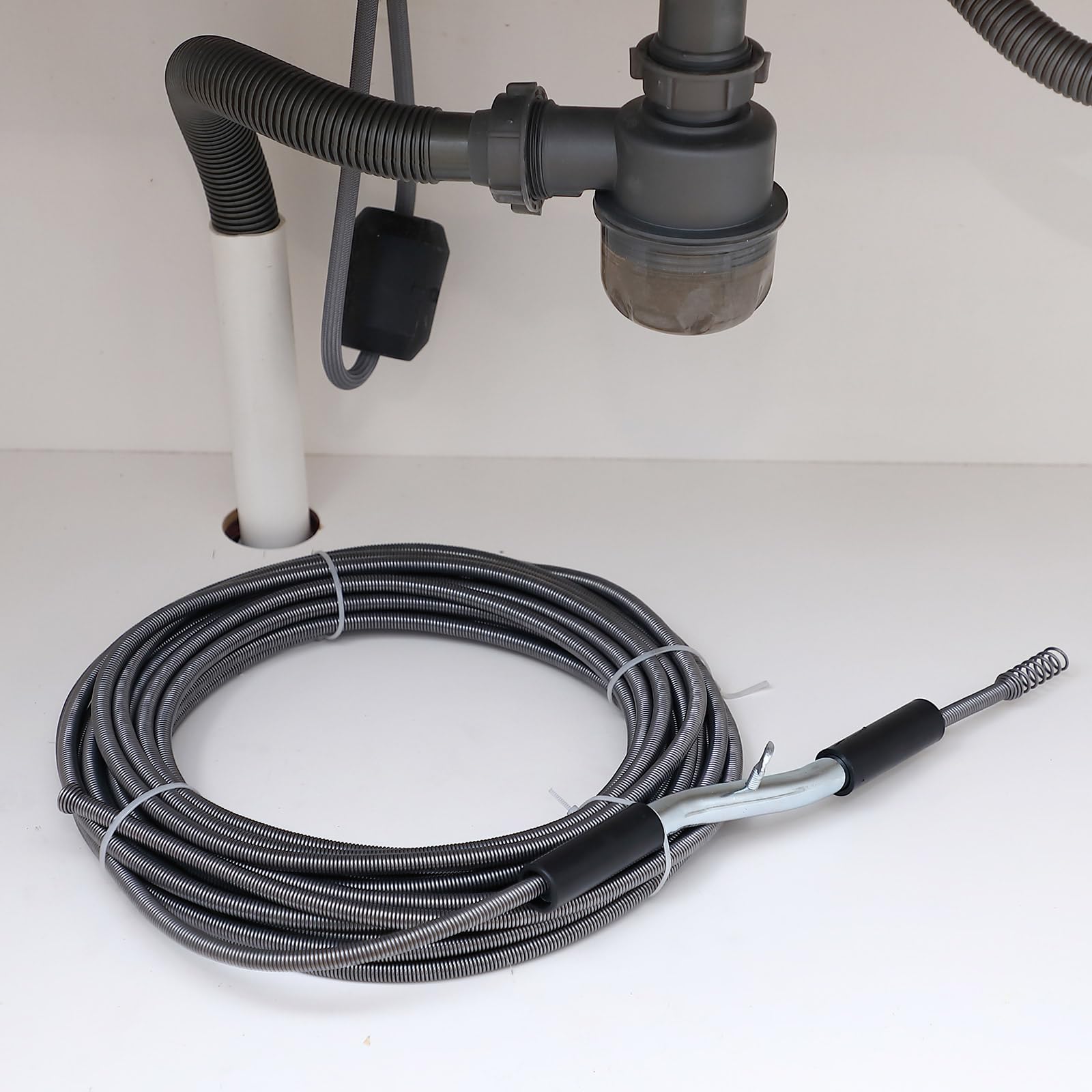 Threlaco Serpiente de fontanería de 50 pies para bloqueos profundos y pesados de 3/8 pulgadas de diámetro, cables de fontanería flexibles para cocina, baño, ducha, fregadero, limpieza, obstrucciones