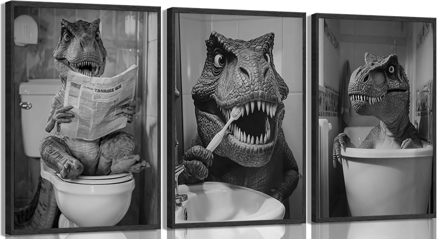 Kyiyhzp Funny Dinosaur Bathroom Wall Art Dinosaur on Toilet Canvas Print Painting Black And White Animal in Bathtub Wall Decor Artwork for Kids Room Restroom Home Decoration 16x24in